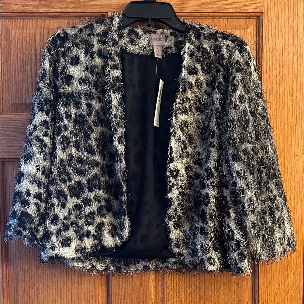 Fuzzy Leopard-Print Open-Front Jacket - Black & Gray